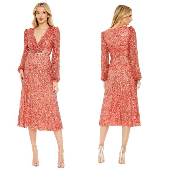 Mac Duggal Sequined Puff Sleeve Wrap Over A Line Dress 16 Coral NWT - Picture 9 of 11